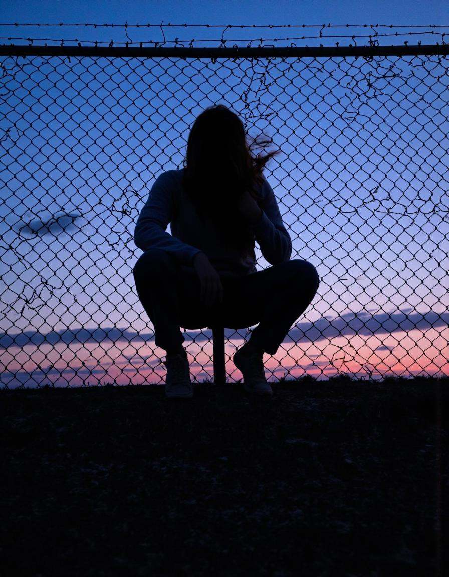 A cinematic photo. A silhouette of a person sitting on a chain link fence at sunset. the person is in the middle of the im...