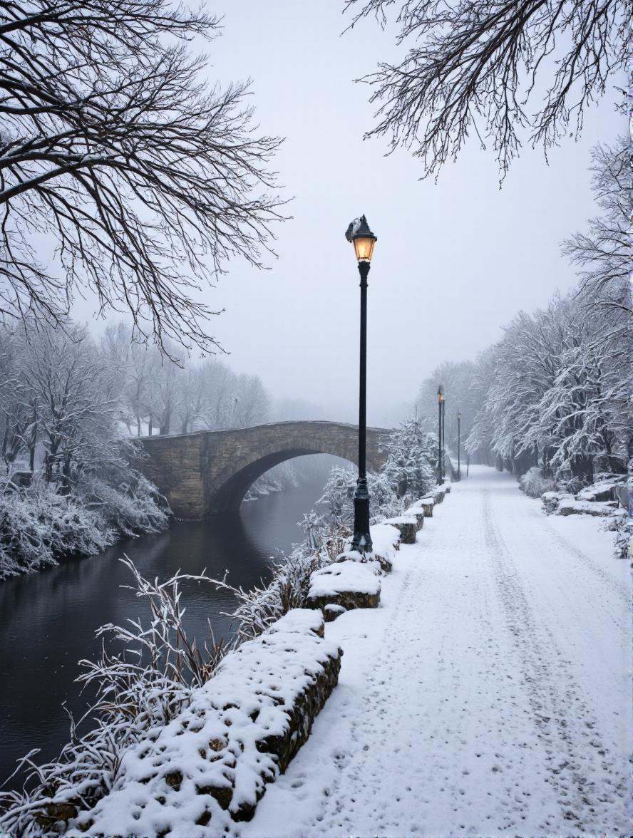 A cinematic photo. A photograph taken from a low angle,  looking down a snowy path towards a foggy river with a stone brid...