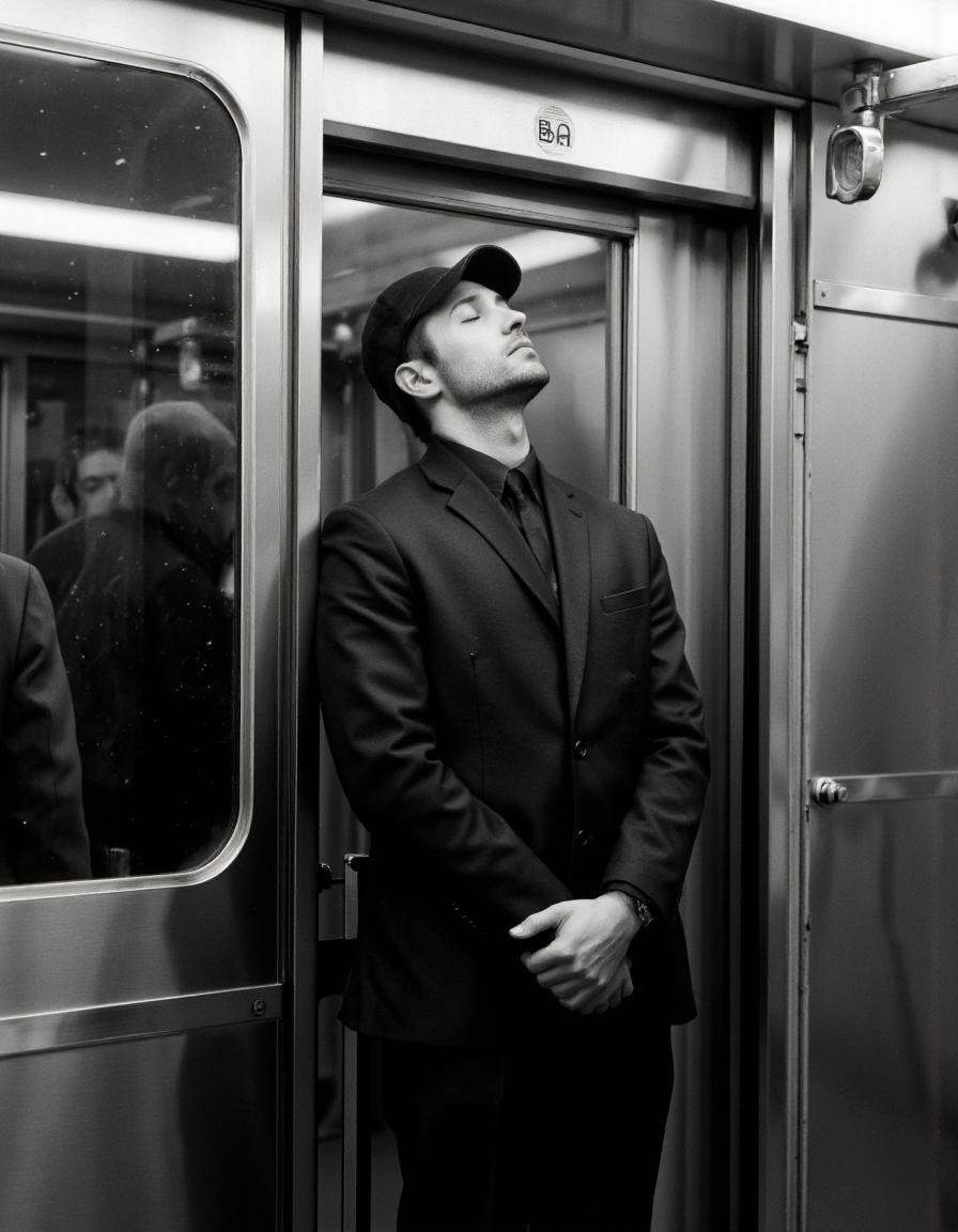 A cinematic photo. A black and white photograph taken from the side,  depicting a solitary figure in a subway train. the f...