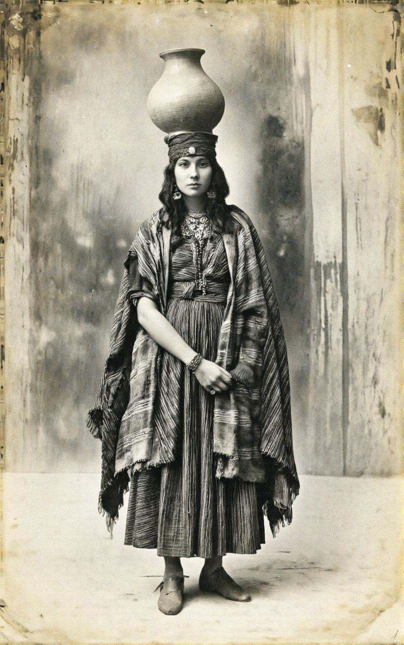 A cinematic photo. A vintage photograph from the "bedouine revenant de la fontaine" (portrait of a woman in traditional cl...
