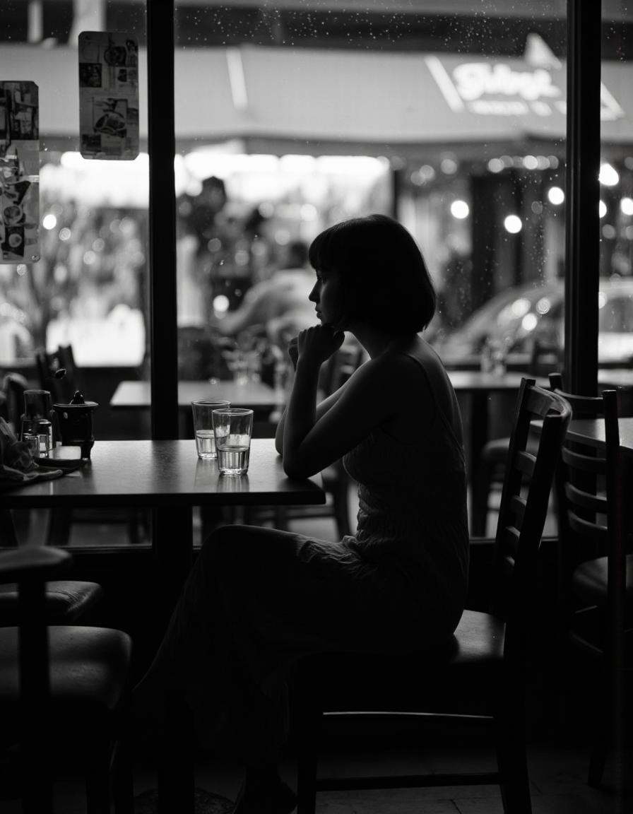 A cinematic photo. A black and white photograph from a profile camera angle about a silhouette of a woman sitting at a tab...