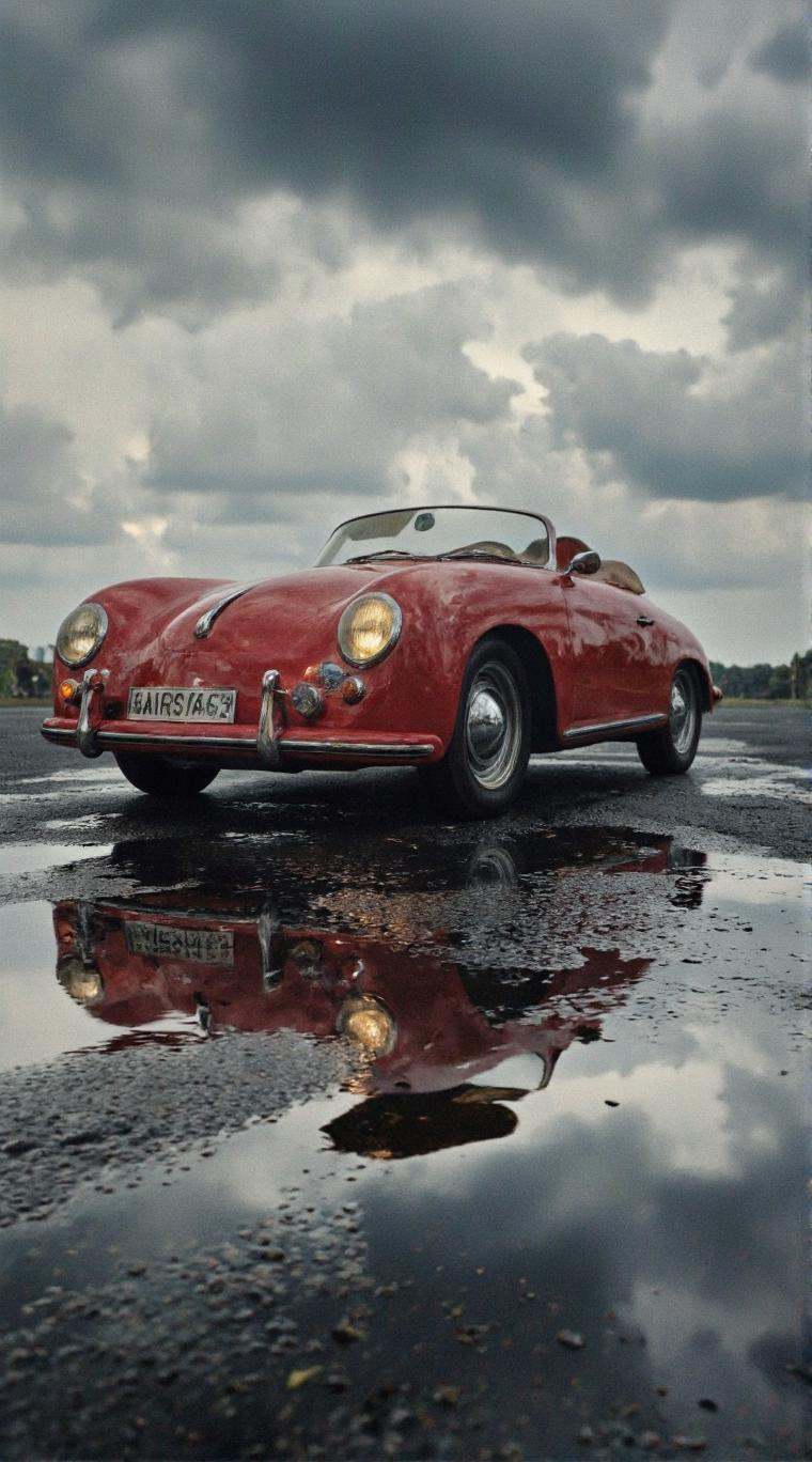 A cinematic photo. A photo-realistic shoot from a low angle,  focusing on a classic red sports car reflected in a puddle o...