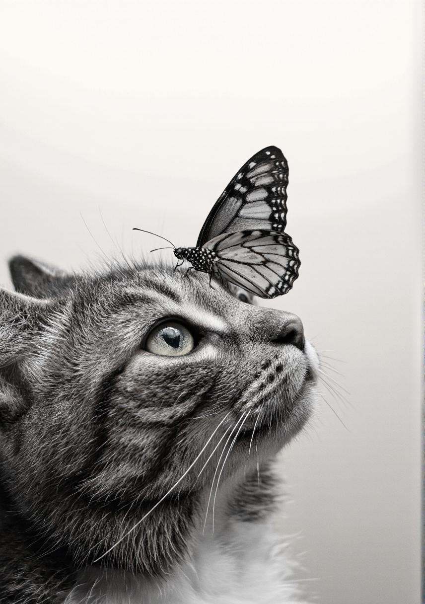 A cinematic photo. A black and white photograph featuring a close-up of a cat's face with a monarch butterfly perched on i...