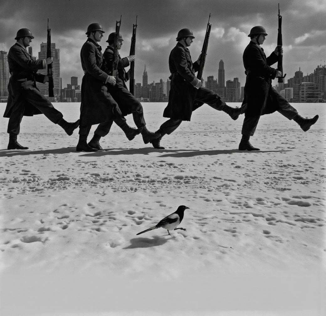 A cinematic photo. A black and white photograph of a magpie walking in front of a group of five soldiers marching in forma...