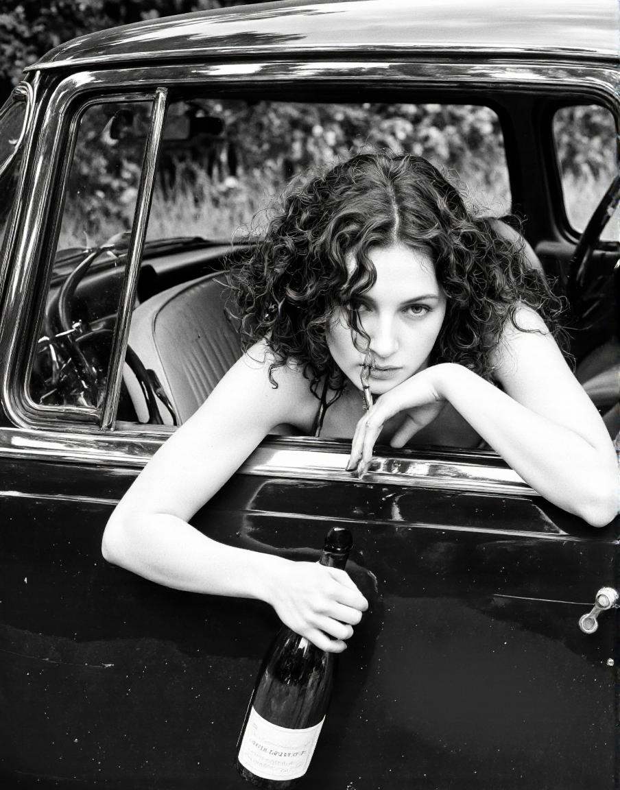 A cinematic photo. A black and white photograph of a woman with long,  wavy hair leaning against the side of a vintage car...