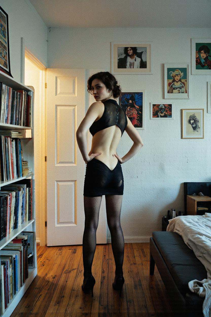 A cinematic photo. A photo-realistic shoot from the side about a woman in a revealing black dress standing in a dimly lit...