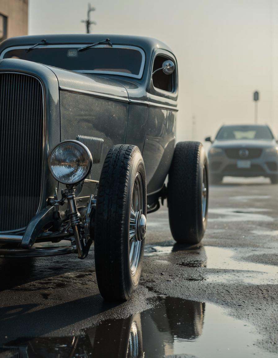 A cinematic photo. A photo-realistic shoot from a close-up camera angle about a vintage hot rod car with a streamlined des...