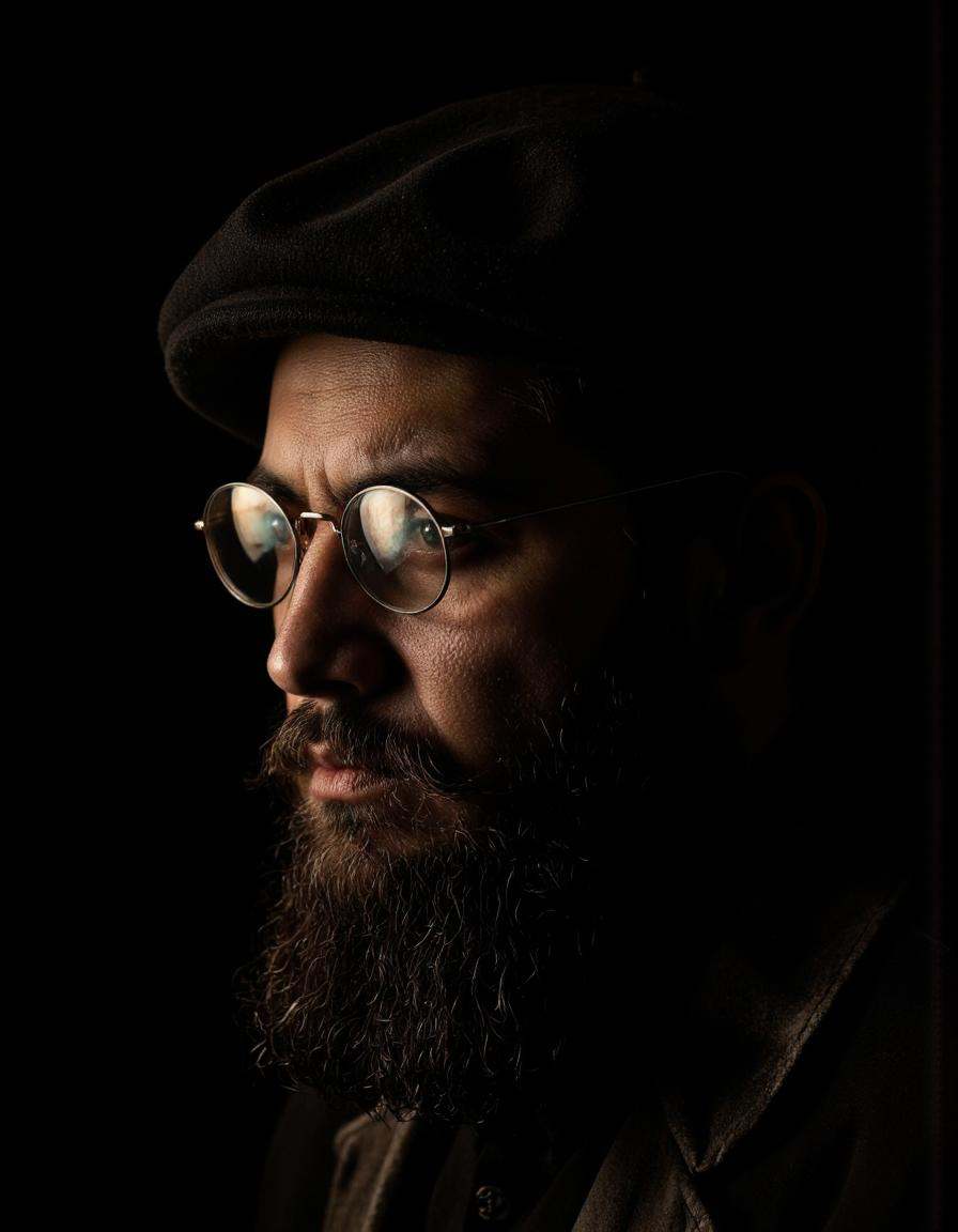 A cinematic photo. A close-up portrait of a man with a beard and mustache,  wearing round sunglasses and a beret,  capture...