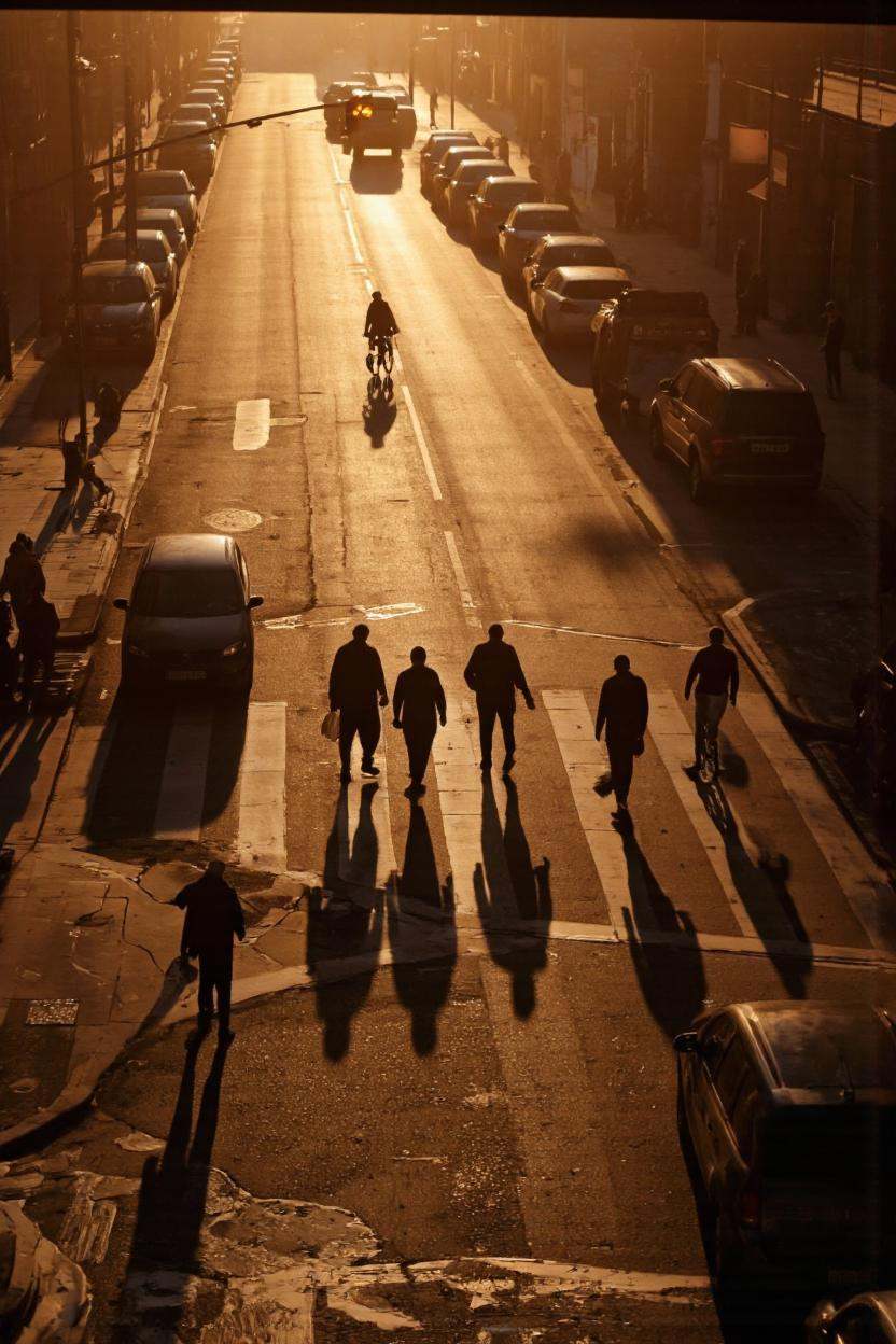 A cinematic photo. A photo-realistic photograph taken from a bird's eye view of a city street at sunset,  showcasing a gro...