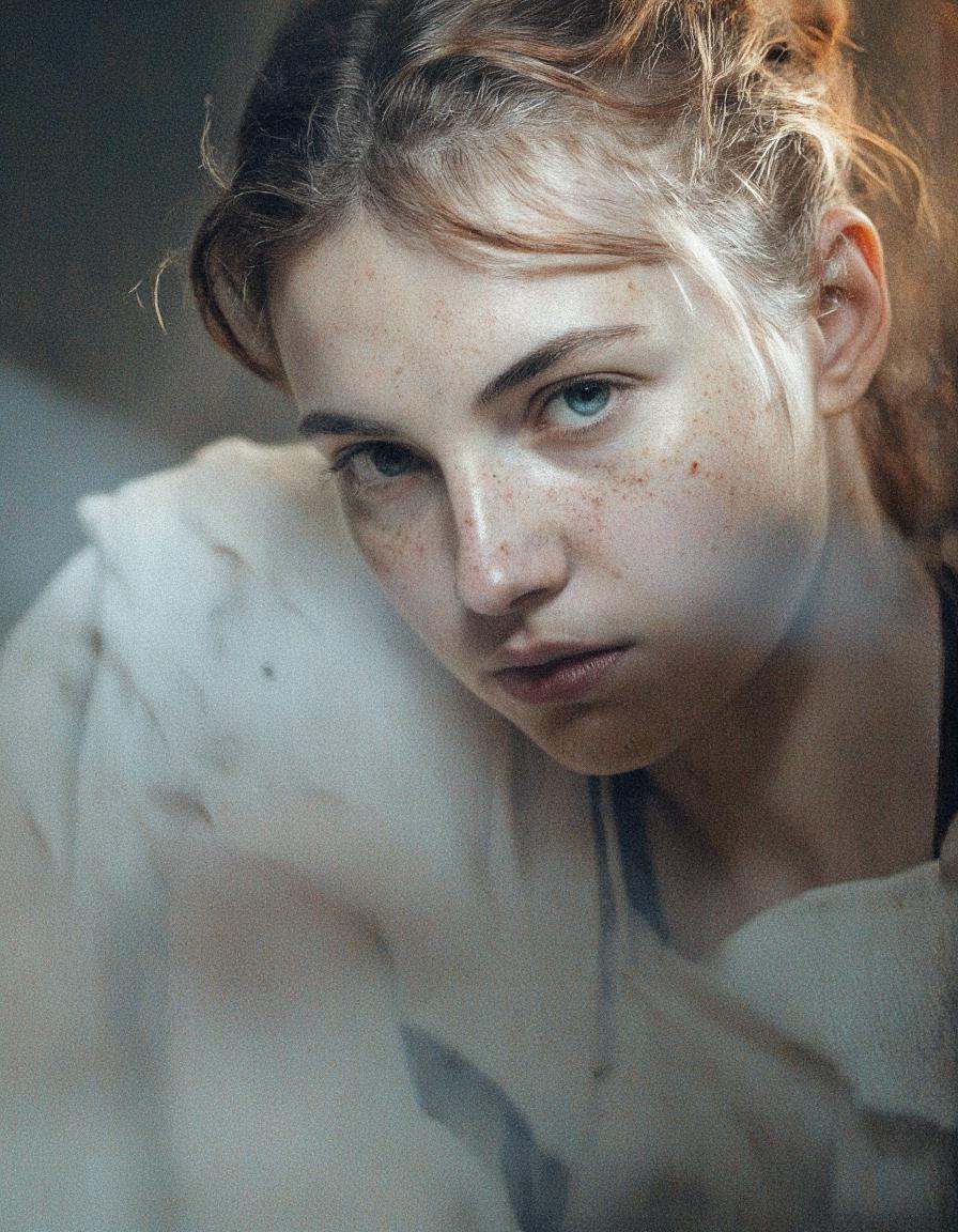 A cinematic photo. A photo-realistic portrait of a young woman with a soft expression,  captured from a close-up camera an...