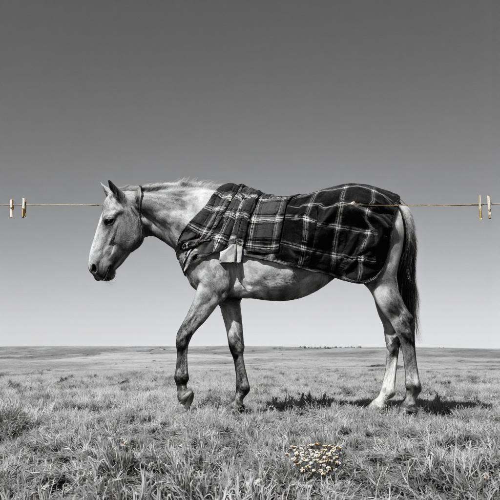 A cinematic photo. A black and white photograph of a horse hanging on a clothesline with clothespins. the horse is in the...