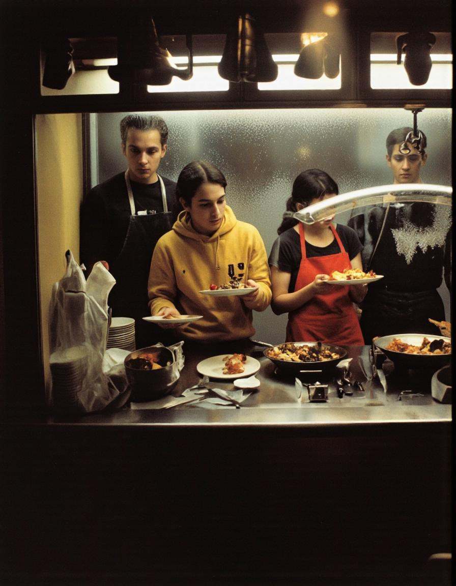By Saul Leiter. A photo-realistic depiction of a dimly lit restaurant with three people standing behind a buffet,  each ho...