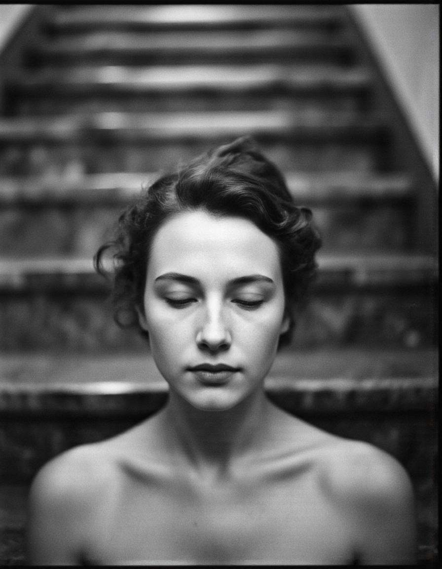 By Saul Leiter. A black and white photograph of a young woman with short,  wavy hair and fair skin,  photographed from a c...