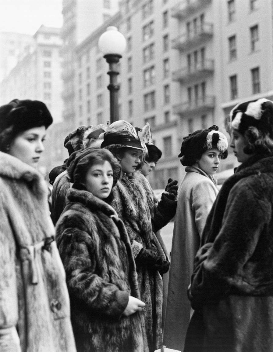 By Saul Leiter. A black and white photograph from the side about a group of people wearing fur coats and hats in an urban...