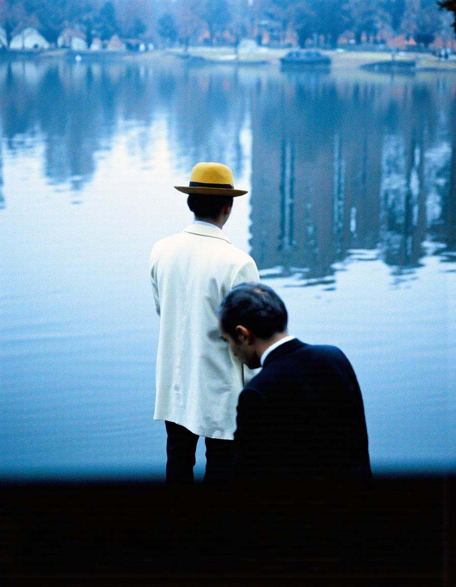 By Saul Leiter. A photograph taken from a low angle,  focusing on a silhouette of a man wearing a white suit and a yellow...