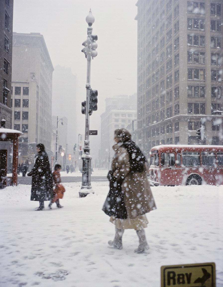 By Saul Leiter. A photograph taken through a window during a snowstorm,  showing two people walking in the snow. a woman a...