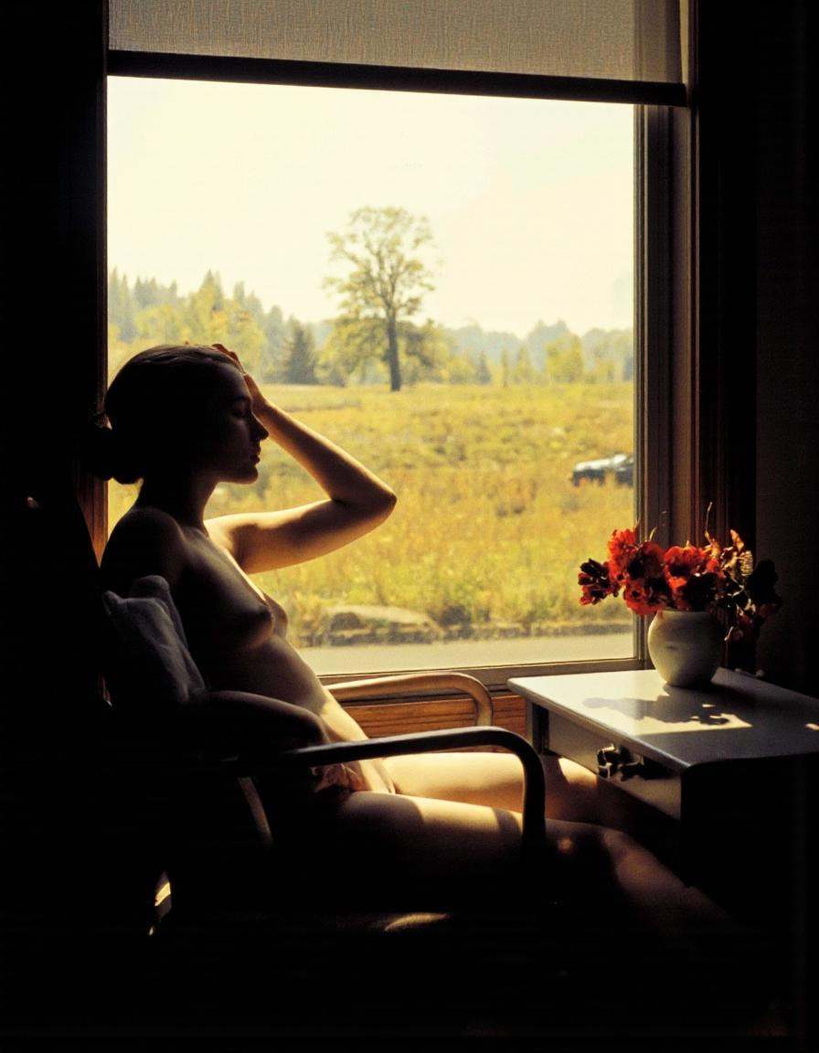 By Saul Leiter. A photo-realistic still life photograph from the side,  featuring a nude woman sitting on a chair in front...