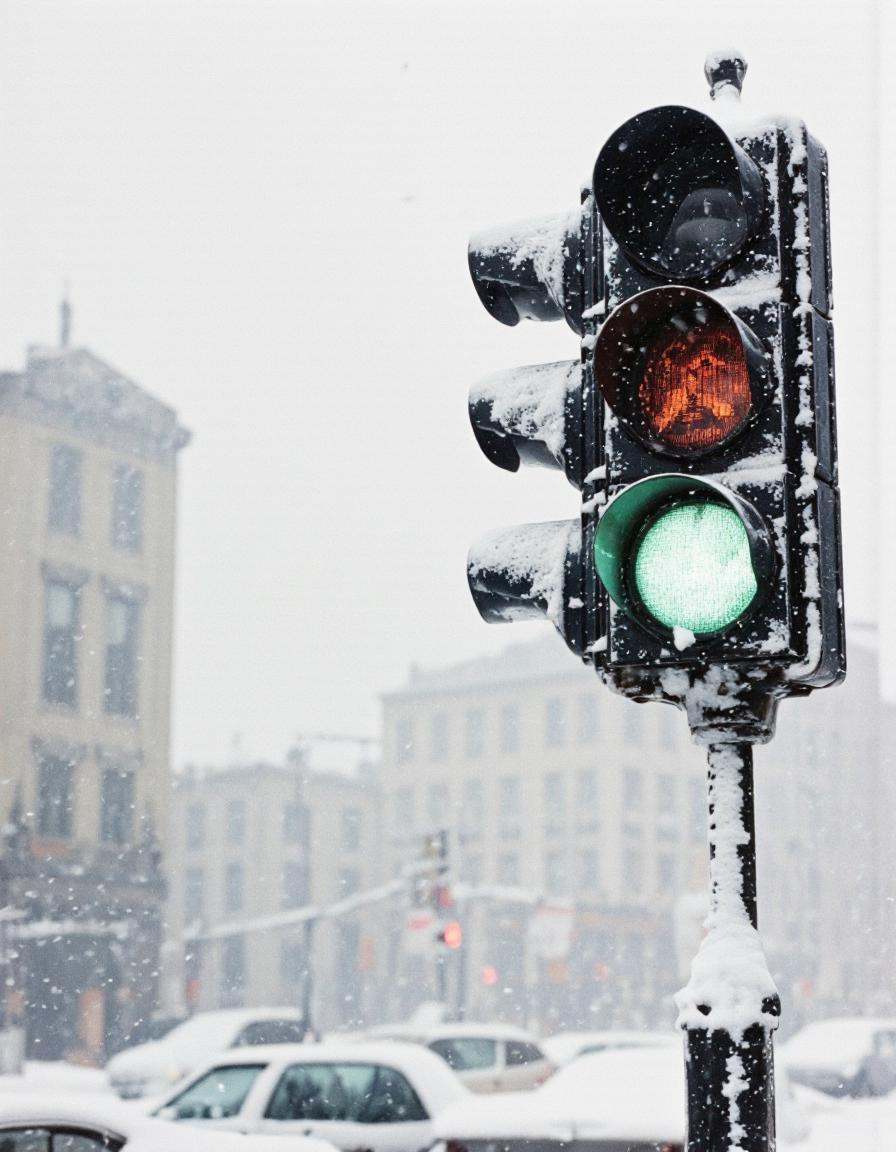 By Saul Leiter. A traffic light with a green light is covered in snow during a snowstorm. the image is taken from a low an...