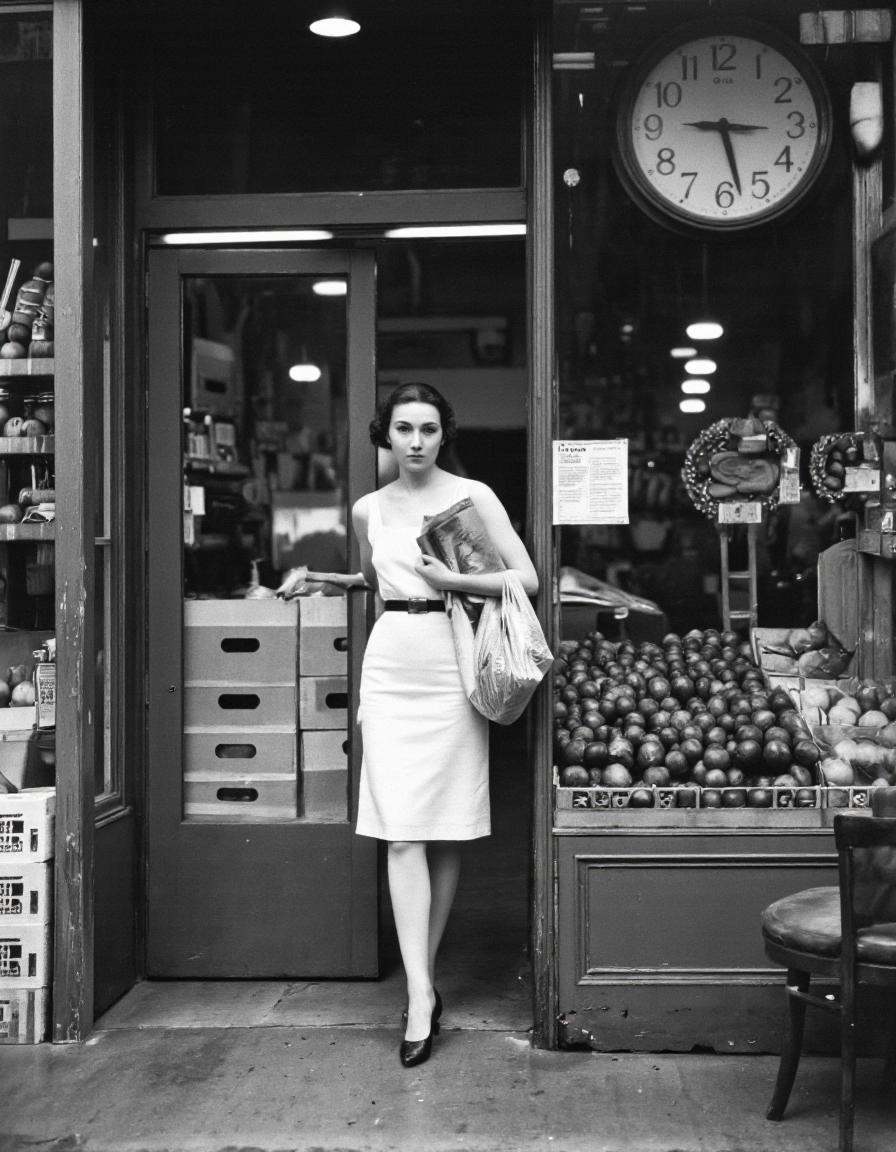 By Saul Leiter. A black and white photograph from the side,  titled "Woman in a grocery store" from the 1940s,  featuring...