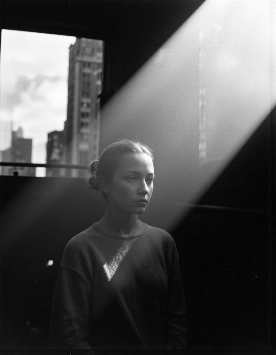By Saul Leiter. A black and white photograph taken from a low angle,  focusing on a young woman with a serious expression,...