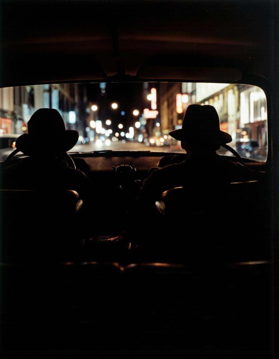 By Saul Leiter. The image shows two silhouettes of two people sitting in the driver's seat of a car at night,  both wearin...