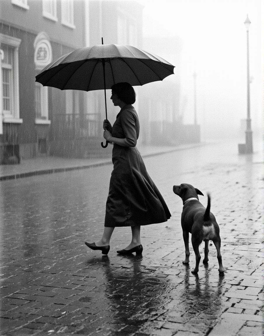 By Saul Leiter. A black and white photograph from a low angle,  depicting a person walking in the rain with a dog. the per...