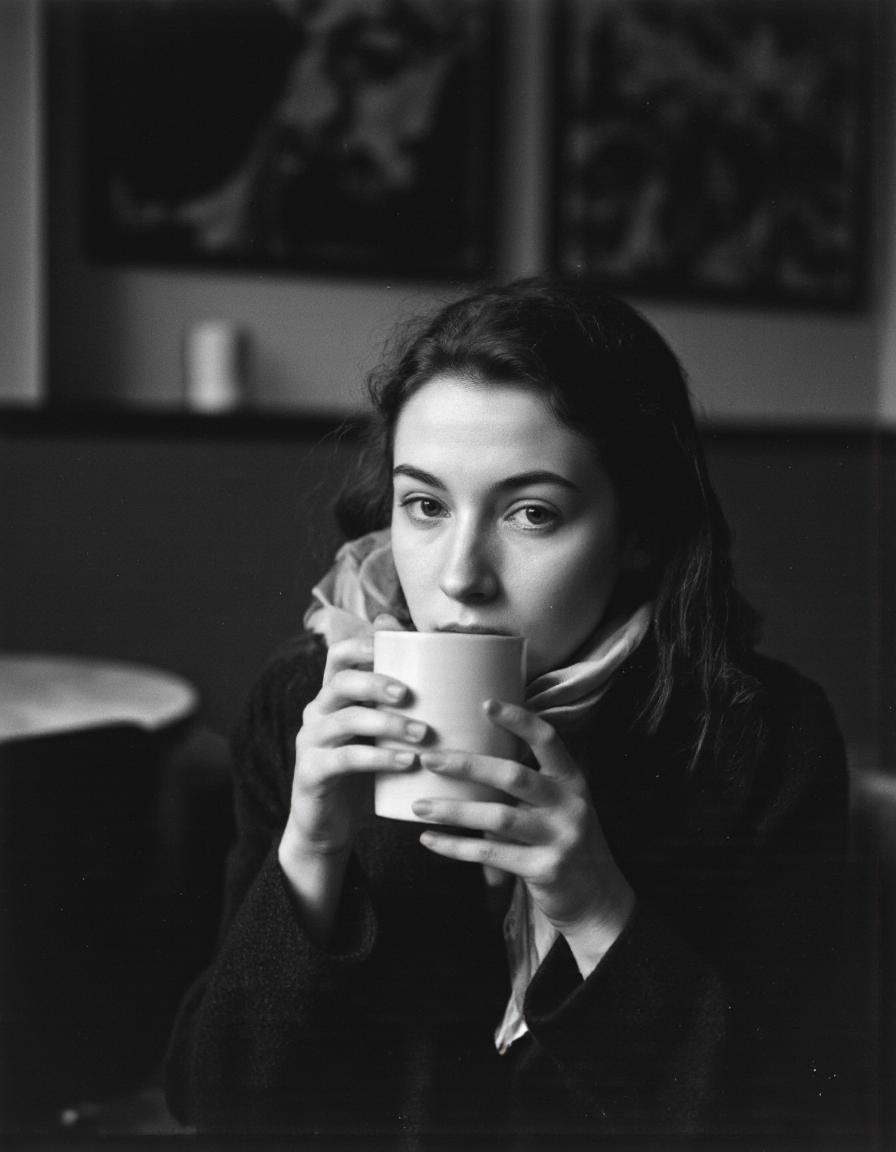 By Saul Leiter. A black and white photograph from a portrait camera angle about a woman holding a cup in a contemplative p...