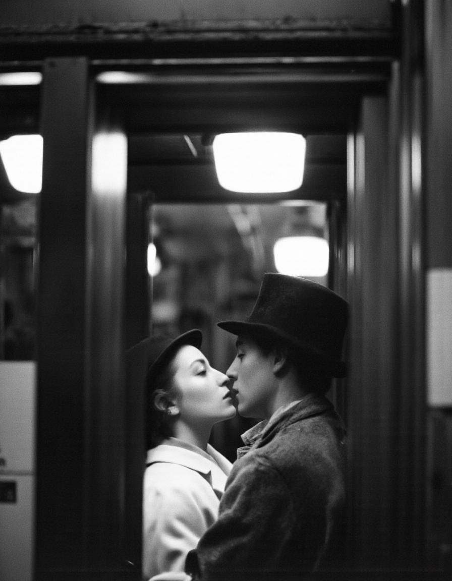 By Saul Leiter. A black and white photograph from a low angle view of two people standing close together in a subway stati...