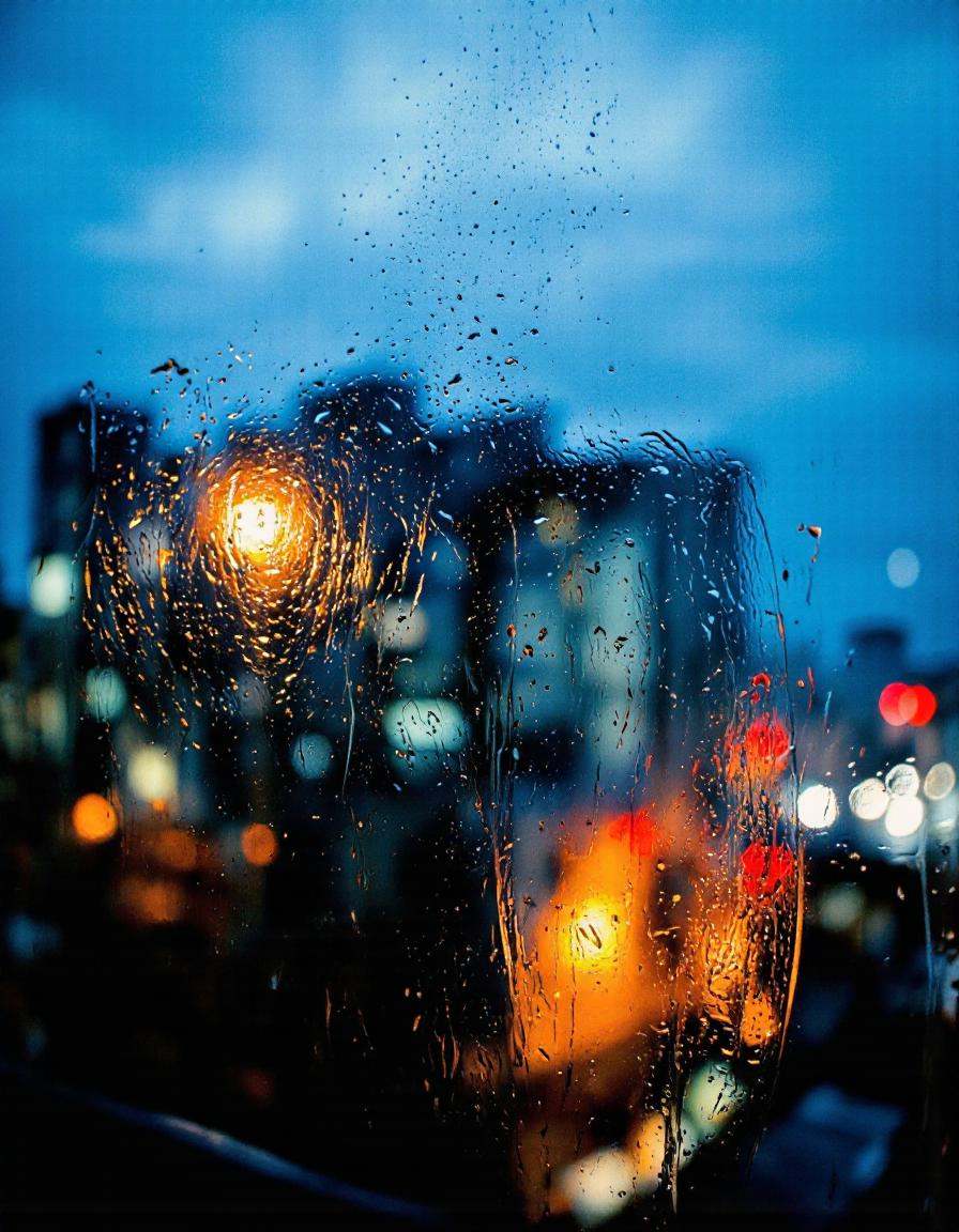 By Saul Leiter. A photograph taken from a low angle,  focusing on a wet window with water droplets on it,  creating a blur...