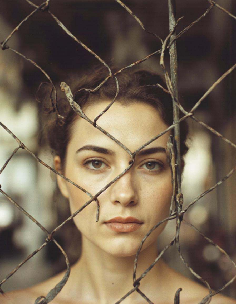 By Saul Leiter. A photo-realistic photograph taken through a chain link fence,  featuring a woman with a blurred backgroun...