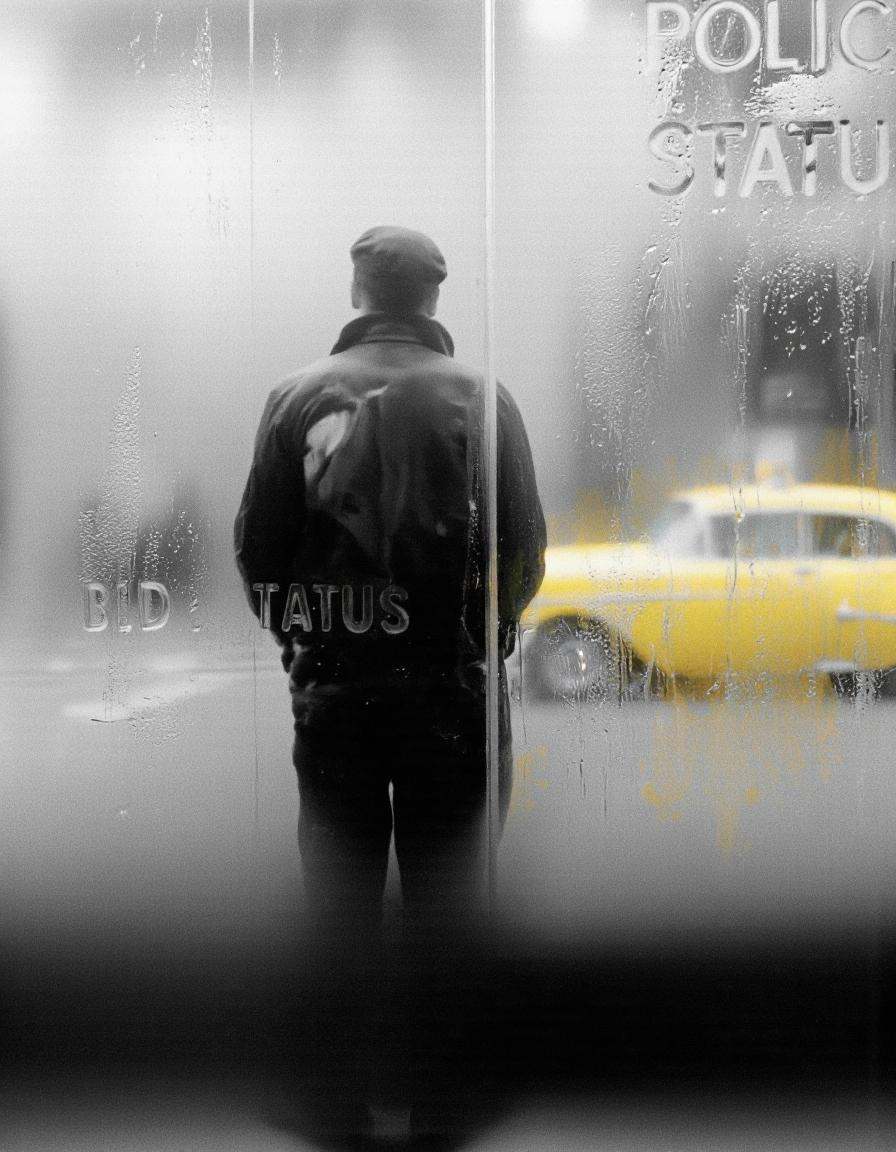 By Saul Leiter. A black and white photograph of a silhouette of a man standing in front of a frosted glass window with the...