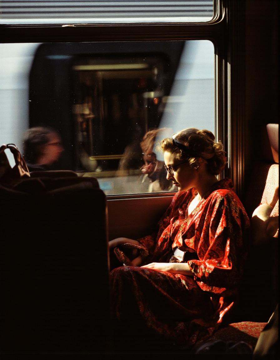 By Saul Leiter. A photo-realistic shoot from the side about a silhouette of a woman sitting on a train,  looking out of a...