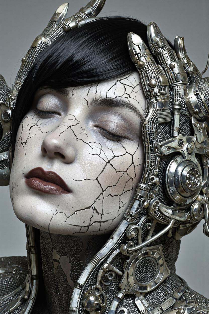 By Axolotl Ototo. A close-up photograph of a futuristic woman with a cracked surface and metallic elements,  captured from...