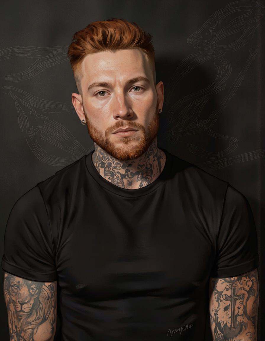 By Axolotl Ototo. A highly detailed and realistic portrait of a muscular man with a beard and tattoos,  captured from a po...