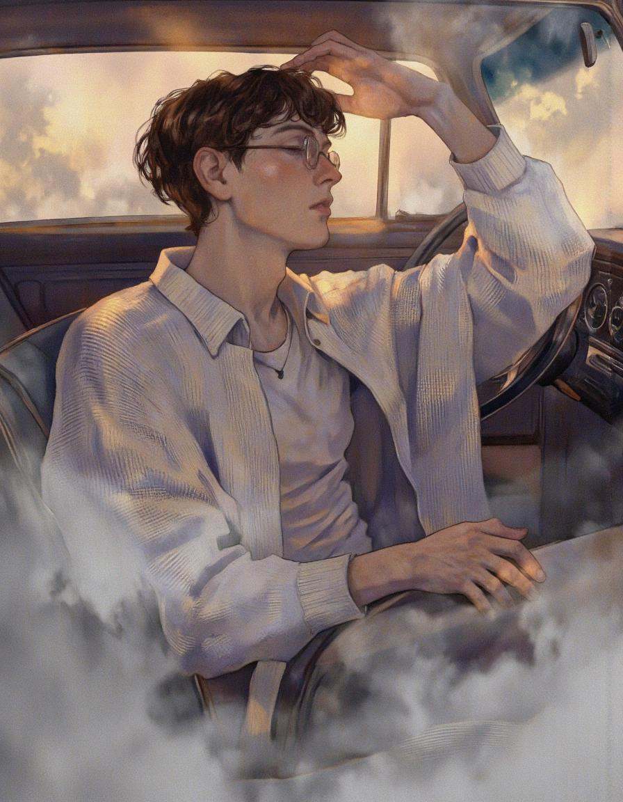 By Axolotl Ototo. A digital illustration shoot from the side,  about a young man sitting in a car,  wearing glasses and a...
