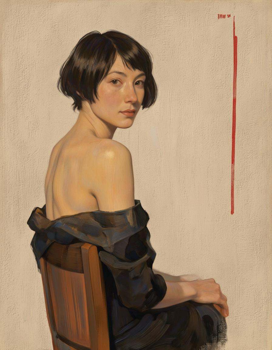 By Axolotl Ototo. A portrait of a woman seated on a chair,  captured from the side,  with a slight smile on her face. the...