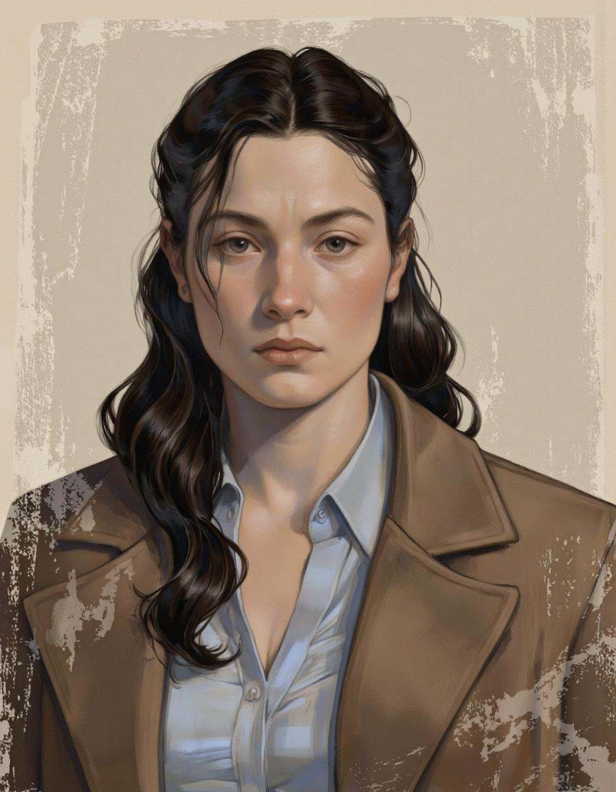 By Axolotl Ototo. A detailed and realistic digital illustration of a woman with a determined expression,  shot from a port...