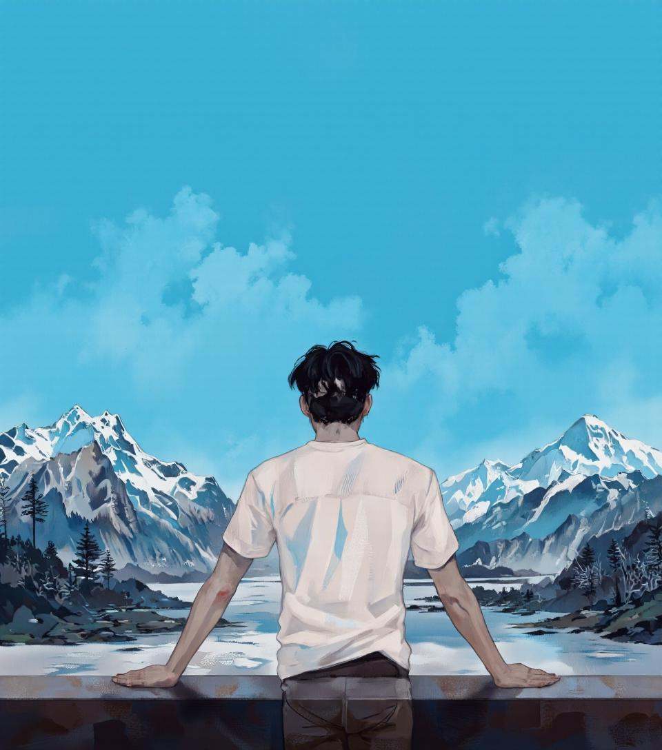By Axolotl Ototo. A digital illustration shoot from a low angle,  about a silhouette of a person standing at a ledge overl...
