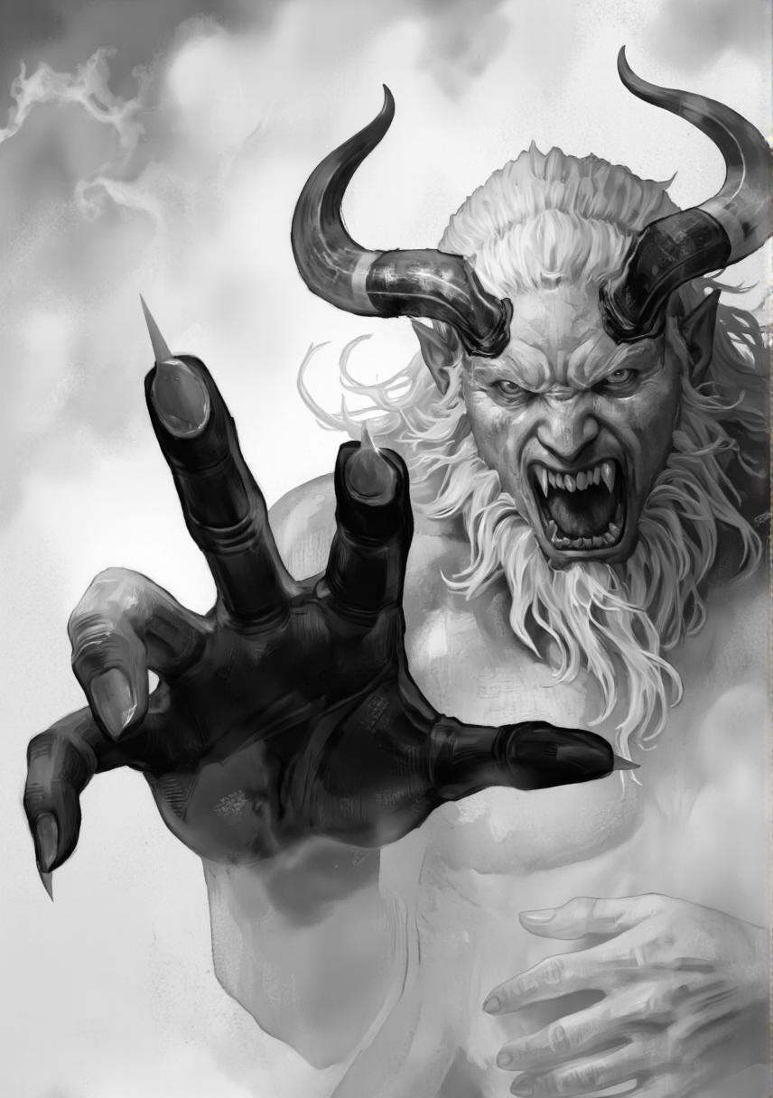 By Axolotl Ototo. A black and white,  monochromatic digital illustration from a low angle,  depicting a menacing yet intim...