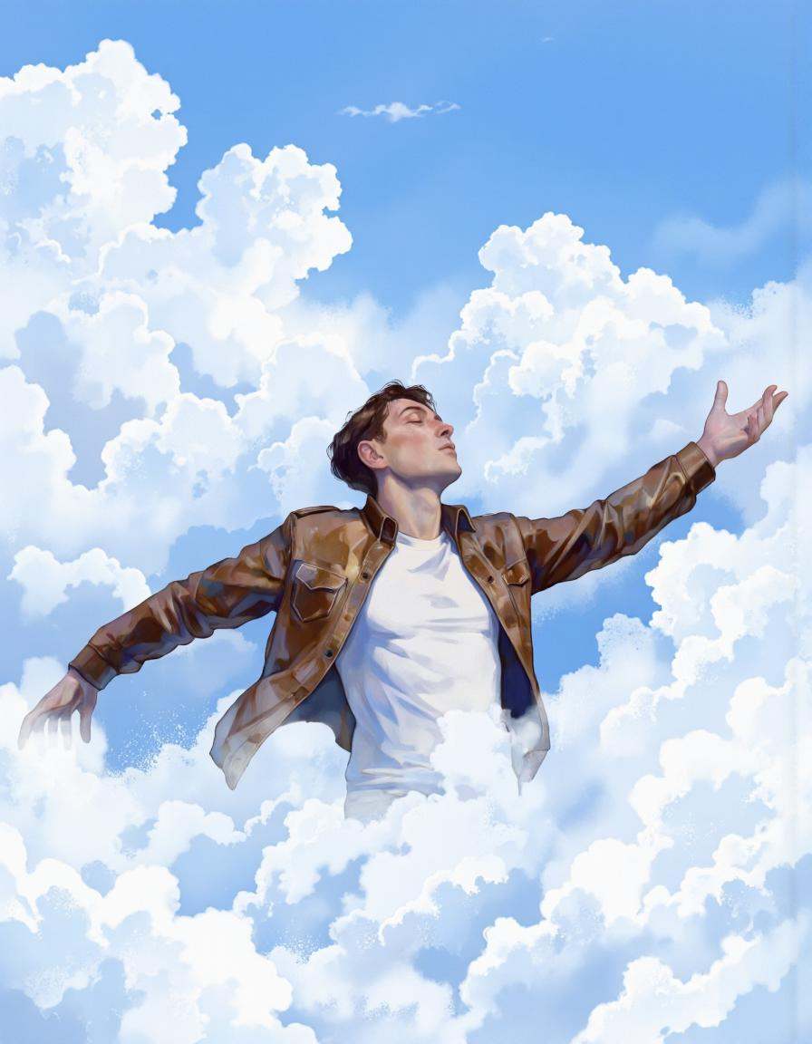 By Axolotl Ototo. A digital illustration shoot from a low angle about a man reaching out towards the sky with his right ha...