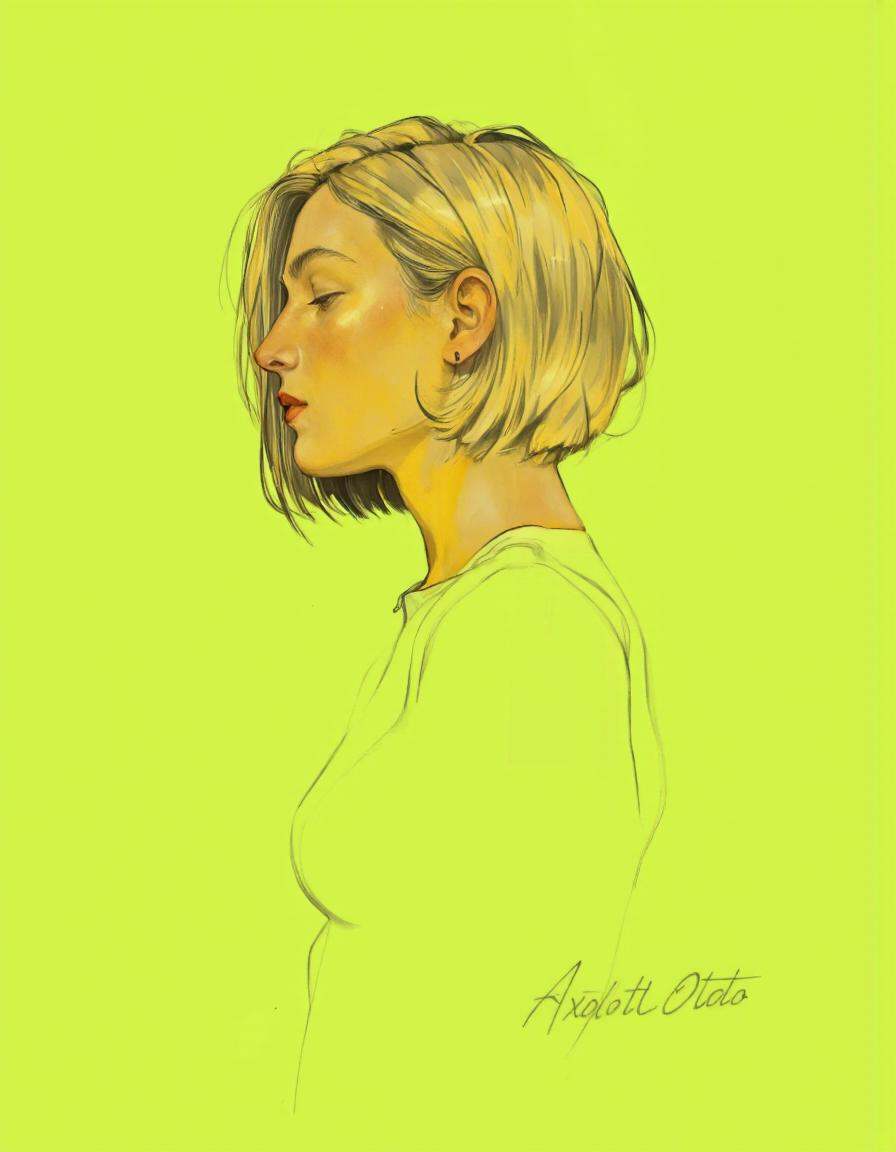 By Axolotl Ototo. A digital illustration shoot from a profile camera angle about a stylized portrait of a woman with a pro...