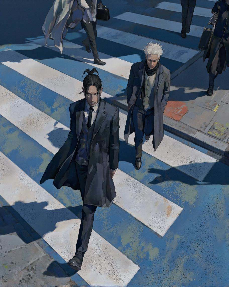 By Axolotl Ototo. A photo-realistic digital illustration shoot from a bird's eye view about two men walking across a zebra...