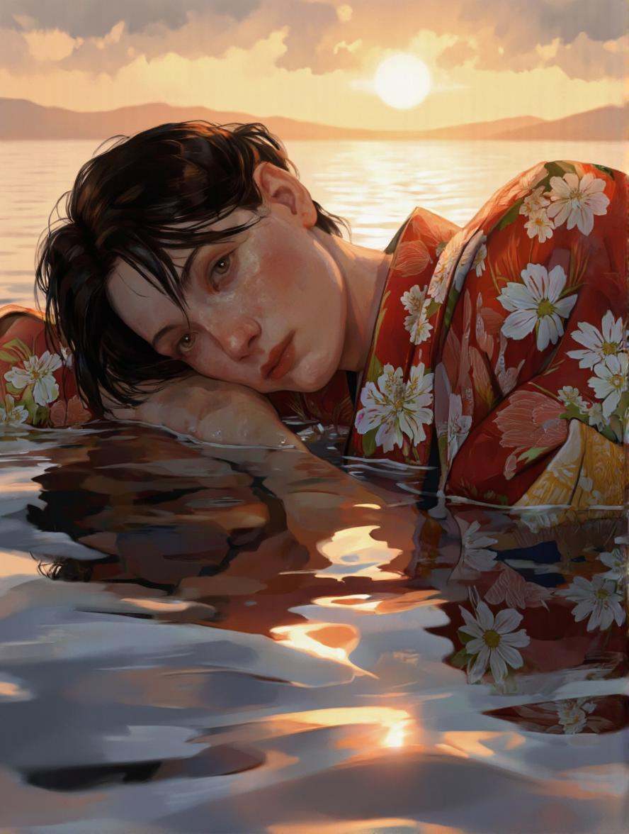 By Axolotl Ototo. A digital illustration shoot from a close-up camera angle about a young woman submerged in water during...