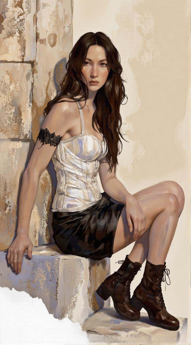 By Axolotl Ototo. A photo-realistic shoot from a side angle about a woman with long,  flowing hair sitting on a stone ledg...