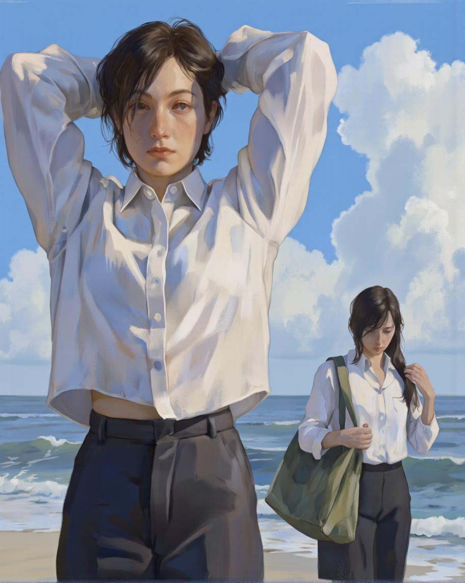 By Axolotl Ototo. A photo-realistic painting of two young women standing on a beach in a serene setting,  with a blurred b...
