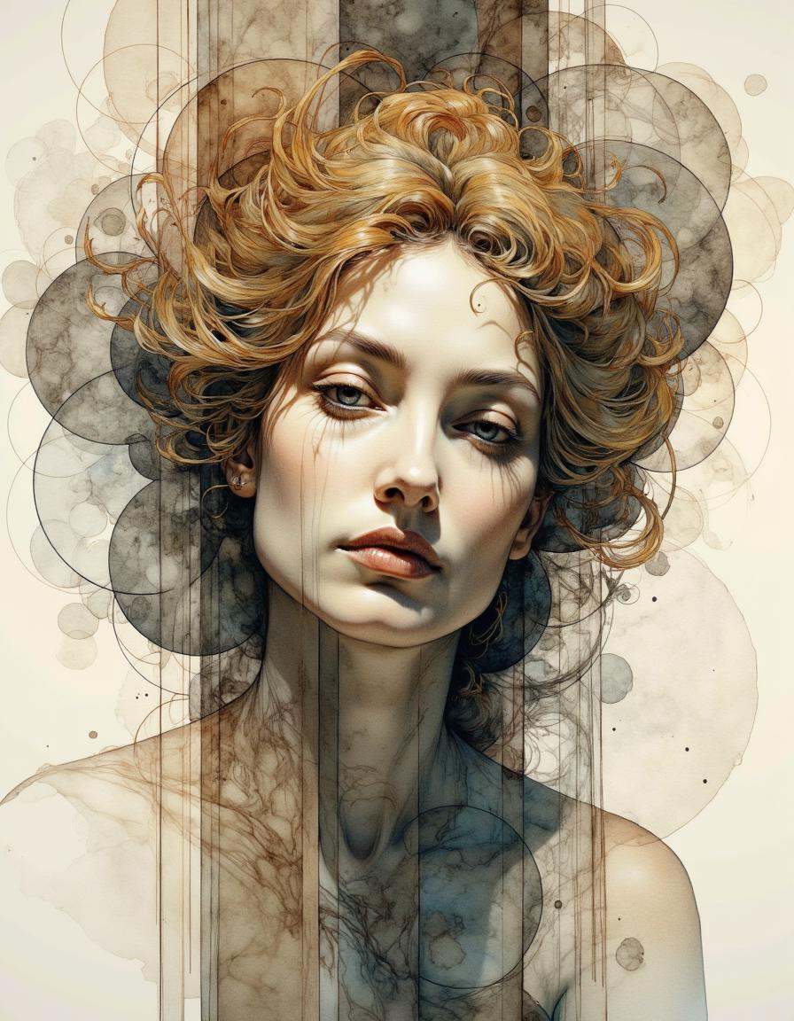 Portrait by Dorota Pietrowiak. This is a highly detailed,  surrealistic watercolor painting of a woman. The subject's face...