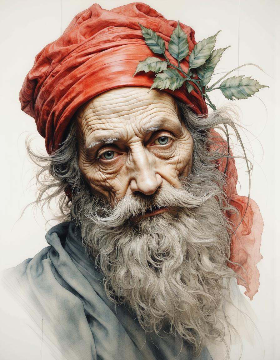 Portrait by Dorota Pietrowiak. This is a highly detailed,  realistic drawing of an elderly man with a long,  flowing beard...