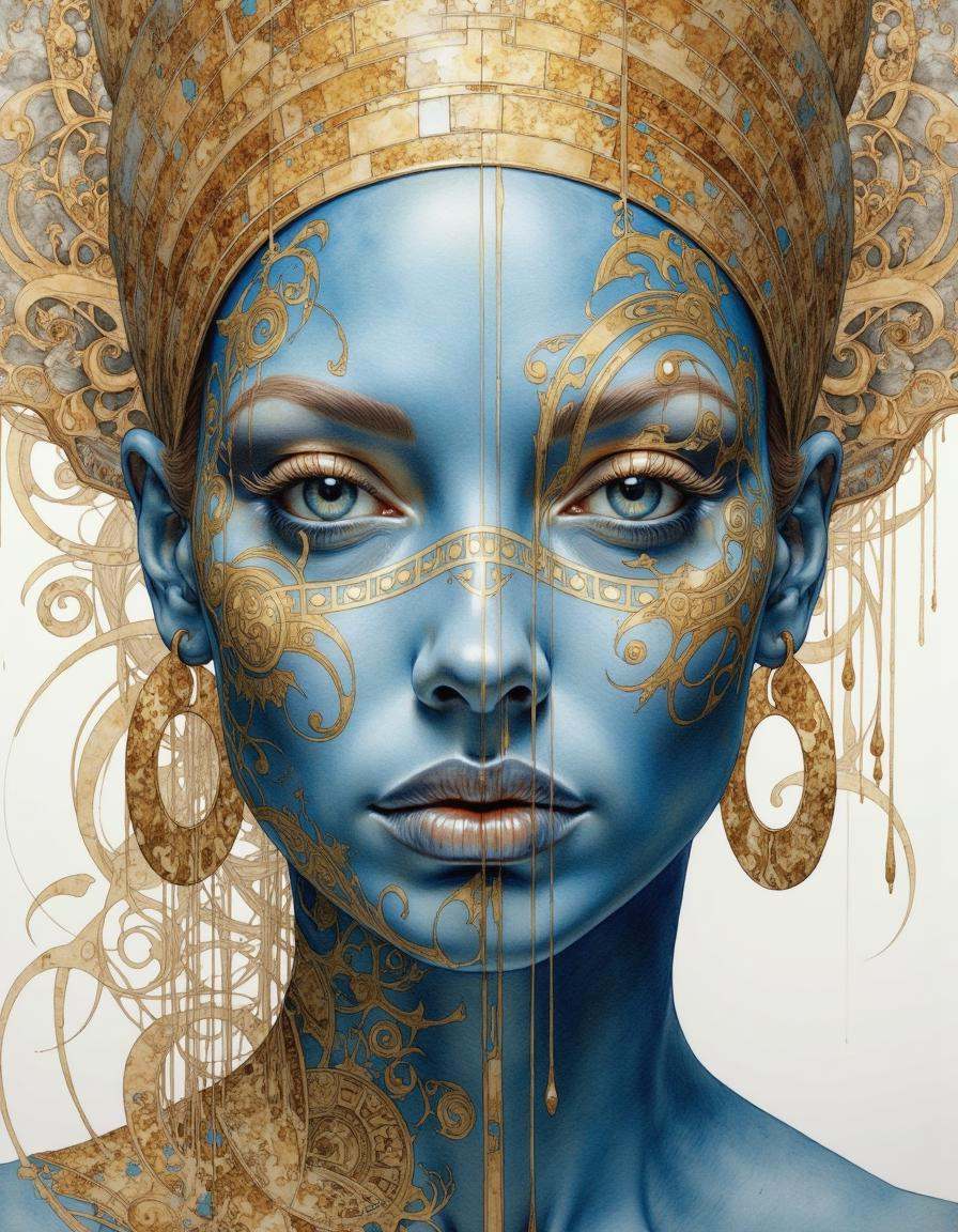 Portrait by Dorota Pietrowiak. This is a highly detailed,  surrealistic watercolor painting of a woman with azure blue ski...