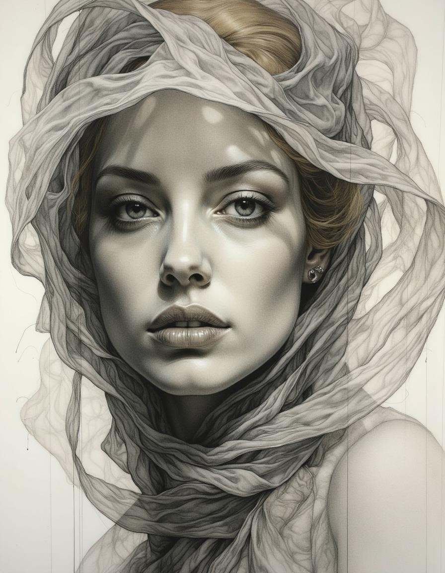 Portrait by Dorota Pietrowiak. The image is a highly detailed,  realistic pencil drawing of a young woman's face,  Style i...