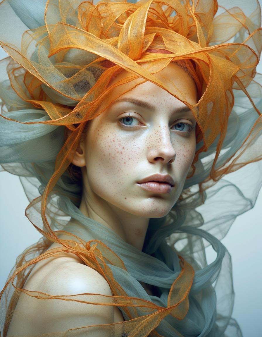 Portrait by Dorota Pietrowiak. This is a high-resolution,  highly detailed photograph of a young woman with fair,  porcela...